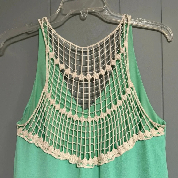 ILLA ILLA Green Sleeveless Swing Sundress Ivory Mesh Net Crochet Back Size Small - Picture 3 of 6